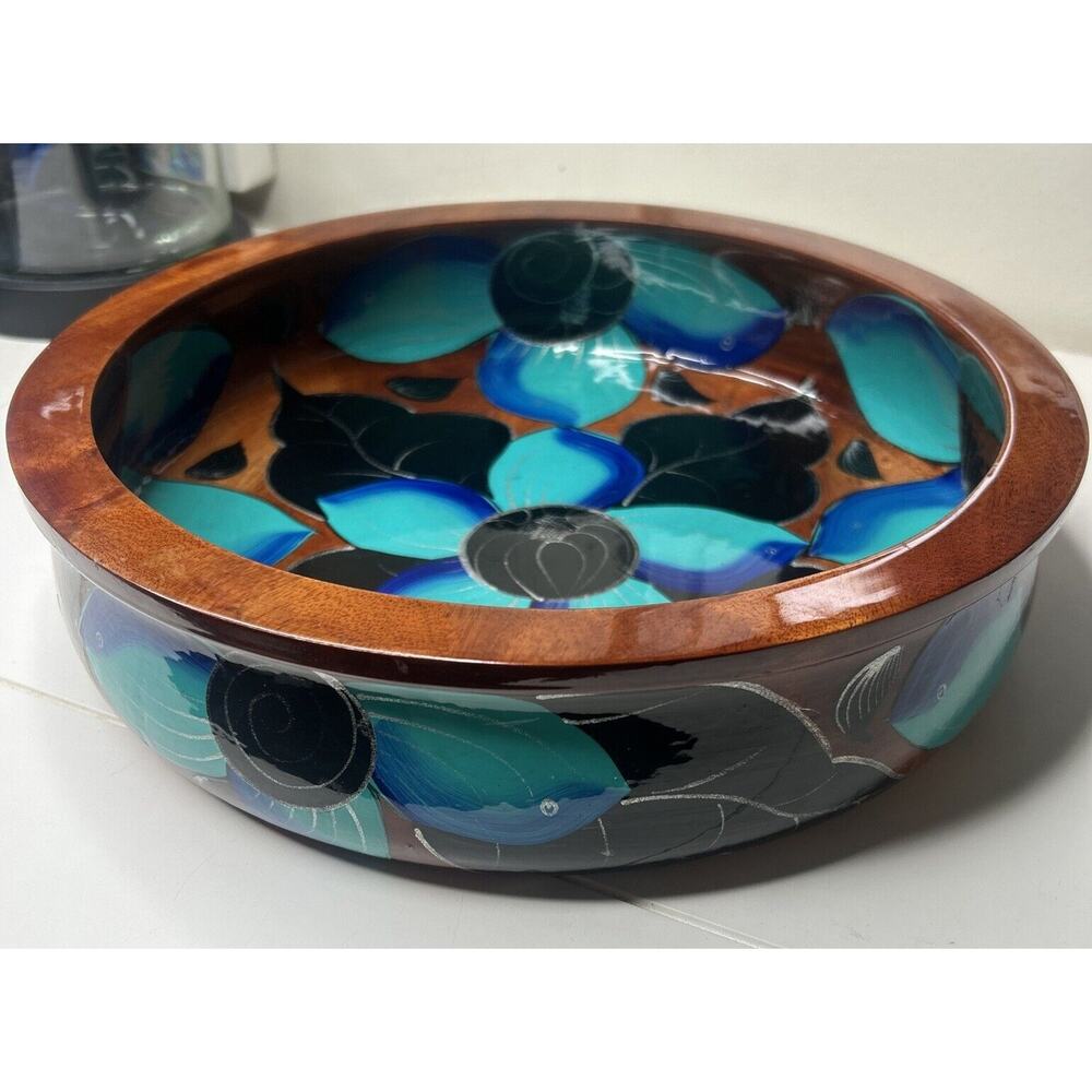 Hand Painted Wooden‎ Bowl, Teal And Black Flowers